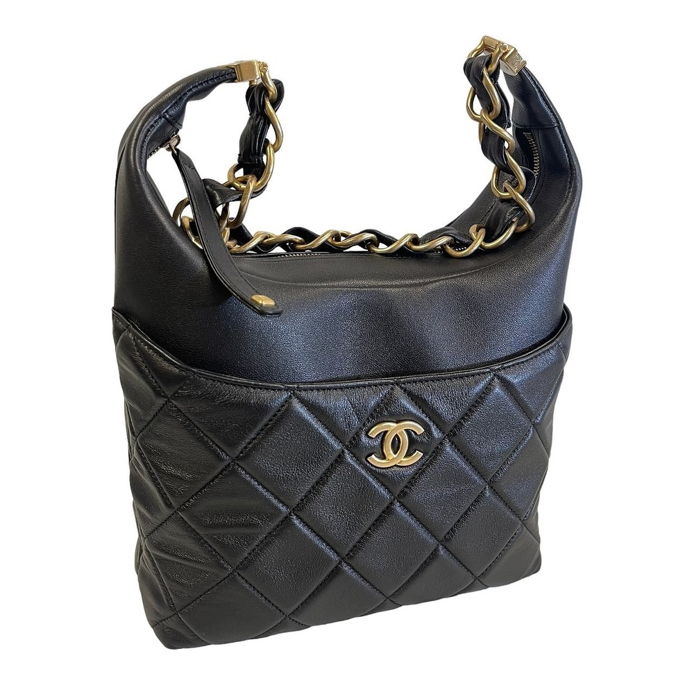 CHANEL Hobo Bag Matelasse Gold Hardware One Shoulder Black